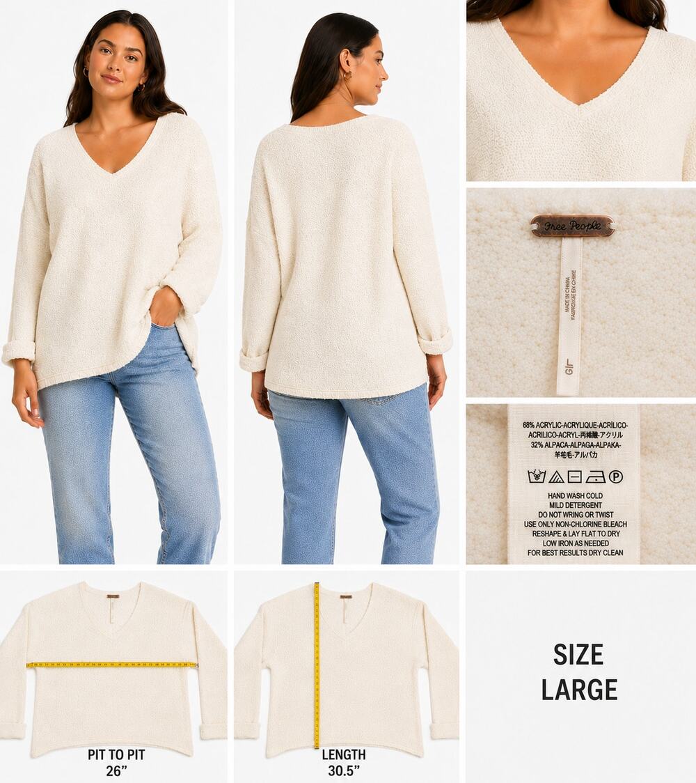 Free People Alpaca Blend Cream Bouclé V-Neck Sweater Women's Large